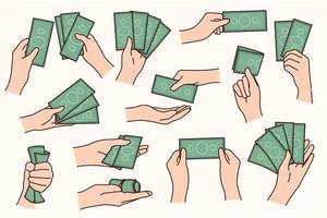 Set of people hands hold money banknotes. Collection of person with bills or cash. Bank credit and finances concept. Finance and financial stability. Vector illustration.