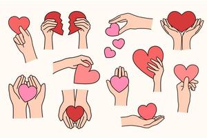 Collection of people hands with hearts of various forms and sizes. Set of person send share love with paper sign. Nonverbal communication. Valentine day and romance. Vector illustration.