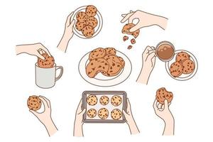 Set of people eating chocolate chip cookies for snack. Collection of person enjoy tasty fresh baked biscuits with coffee at home. Bakery and sweet stuff concept. Vector illustration.