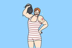 Male circus powerlifter with tattoo wear tricot lift dumbbell show power. Strongman or weightlifter perform stunt with barbell. Powerlifting performance, sport concept. Vector illustration.