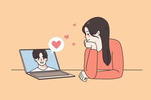 Happy girl talk on video call on laptop with boyfriend. Smiling loving woman have webcam virtual event on computer with male lover. Relationship on distance. Flat vector illustration.