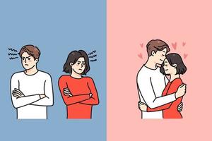 Young couple fight and love. Man and woman hug and cuddle or quarrel and ignore. Lover relationship problems. Marriage and relations trouble. Counseling help. Vector illustration.