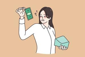 Confused female employee shocked by small salary in envelope. Frustrated unhappy woman worker surprised by wage amount. Finance problems concept. Flat vector illustration.