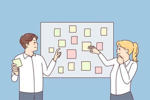 Employees brainstorm engaged in creative thinking in office. Businesspeople work with sticker planning tasks together at meeting. Teamwork concept. Vector illustration.