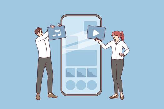 personas trabajando con widget en Teléfono móvil Ayudar con solicitud instalación. teléfono inteligente aplicación y programas operación. plano vector ilustración.