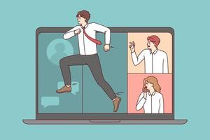 Male employee running away from online business meeting on laptop with colleagues. Man jump into offline work schedule. Remote conference on computer problem. Vector illustration.