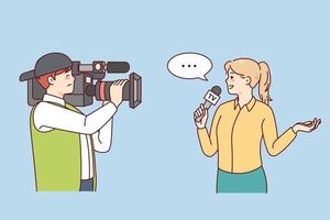 Cameraman shooting woman journalist doing reportage. Professional operator filming female reporter with microphone. Journalism concept. Vector illustration.