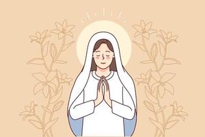 Virgin Mary surrounded by lilies praying. Mother of Jesus Christ in prayer. Faith and religion. Vector illustration.