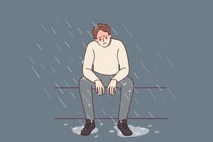 Unhappy man sitting on bench under rain feeling depressed and lonely. Sad male suffer from depression or mental problems. Stress and solitude. Vector illustration.