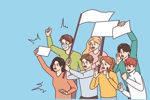 Angry people with placards protest on demonstration or riot. Furious activists stand against discrimination on meeting. Vector illustration.