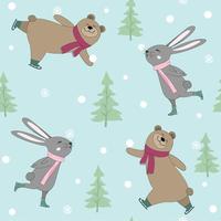 Cute rabbit bunny and teddy bear having fun ice skating seamless pattern vector