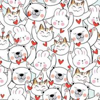 Cute teddy bear rabbit bunny and kitty cat with heart seamless pattern vector