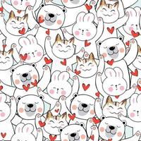 Cute teddy bear rabbit bunny and kitty cat with heart seamless pattern vector