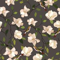 Blooming magnolia flower and bird seamless pattern vector