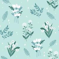 White flower and green leaf on light blue background seamless pattern vector