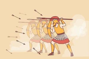 Spartans in armor with shields and spears go on attack. Squad of warriors in protective garment assail together. War and ancient ages. Vector illustration.