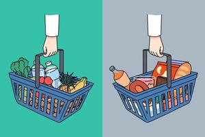 Shopping baskets with healthy and unhealthy food. Nutritious wholesome and harmful junk meal choice. Bad and good grocery abundance. Flat vector illustration.