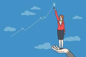 Businesswoman get helping hand from colleague reach star as business goal. Female employee or worker achieve career success. Work accomplishment or achievement. Vector illustration.