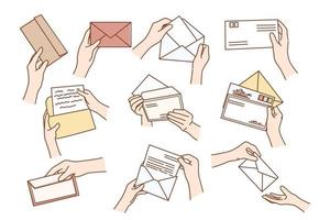 Set of people hands with envelopes send mail to friend. Collection of person with post letters communicate via air postal services. Communication and correspondence concept. Vector illustration.