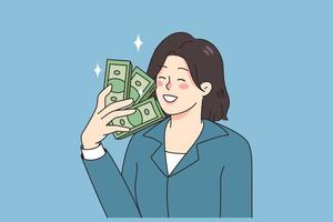 sonriente mujer de negocios sostener dólar billetes en manos emocionado con trabajo promoción y salario aumentar. contento mujer empleado con dinero cuentas lleno de alegría con salario elevar. plano vector ilustración.