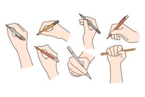 Set of hands of people with pens and pencils writing or taking notes. Collection of person with writing tools handwrite or summarize. Education and learning concept. Vector illustration.