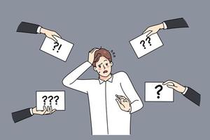 Confused young man with question marks around winder about problem solution. Frustrated guy feel confusion think about solving issue. Dilemma and frustration. Vector illustration.