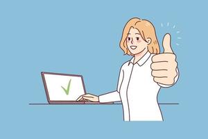 Smiling woman working on computer show thumb recommending online services. Happy female client give recommendation to laptop app. Customer feedback. Vector illustration.
