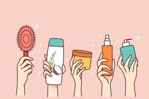 Hands holding bottles of cosmetic products. People recommend diverse beauty routine. Spa and cosmetology concept. Flat vector illustration.