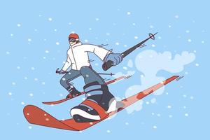 Man in outerwear skiing on snow hill on vacation. Excited person do active extreme winter sports on holidays. Flat vector illustration.