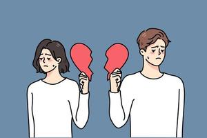 Unhappy couple holding pieces of broken heart suffer from breakup or divorce. Sad upset man and woman struggle with split or separation. Relationships over. Vector illustration.