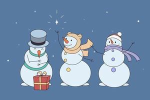 Diverse happy snowmen in hats and scarves congratulate with New Year holidays. Smiling snow men for winter celebration. Merry Christmas concept. Flat vector illustration.