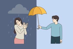 Depressed woman refuse from male friend help cover her with umbrella from rain. Unhappy girl suffer from depression reject aid or assistance. Psychological problem, pessimism. Vector illustration.