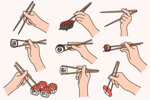 Collection of people hold chopsticks eating sushi. Set of persons enjoy traditional Japanese food. Japan cuisine culture and tradition. Flat vector illustration.