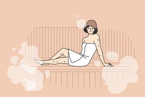 Happy young woman in towel relax in sauna enjoy bodycare procedures. Smiling girl rest in bathhouse with hot steam, take acre of health and wellness. Flat vector illustration.