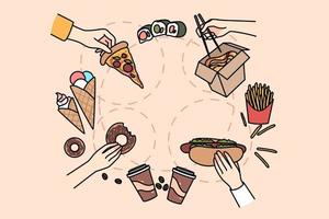 Top view of people eating various kinds of fast food. Person having fasfood meals, enjoy pizza, hotdog, sushi and donut. Unhealthy eating habit, nutrition problem. Vector illustration.