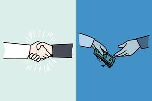 Close up of businesspeople shake hands and give money. Employees handshake close deal exchange currency. Concept of corruption and bribery. Flat vector illustration.