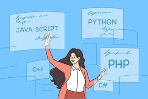 exitoso mujer descifrador con guiones programación. sonriente milenario niña escribir codigos para pitón, php y C más computadora idiomas software y codificación concepto. plano vector ilustración.