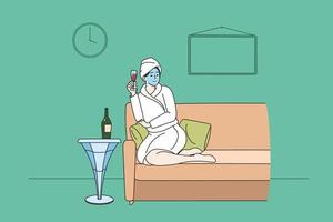 Happy woman in bathrobe relax on sofa in spa with glass of champagne enjoy leisure weekend alone. Smiling girl with mask on face have dayoff in saloon. Beauty day concept. Vector illustration.