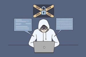 Male hacker in hood and mask use laptop steal personal data on internet. Man cyber thief hack program on computer. Online information security and safety concept. Vector illustration.