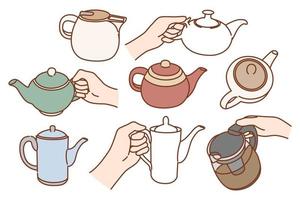 Set of diverse kettles of different shapes and sizes. Collection of teapots for tea ceremony. Person hand hold kitchenware serve warm hot beverage in kitchen. Home appliance. Vector illustration.