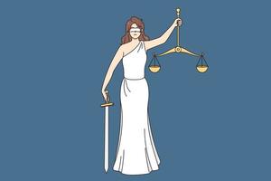 dama justicia participación escamas y espada estar para ley y orden. diosa themis o femida con pesa en manos. jurisdicción y legal institución concepto. vector ilustración.