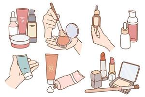 Set of diverse beauty products for makeup. Collection of cosmetics items for face make up. Women daily beauty skincare routine or treatment. Female hygiene and care. Vector illustration.