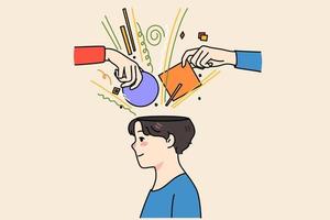 People hands put object in person head help with brainstorming or thinking process. Guy involved in solving problems or issues. Search for solution concept. Flat vector illustration.