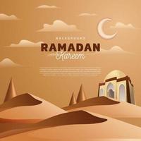 Ramadan Kareem Mosque in the Middle of the Desert with the Vector Illustration Brown Color for Background Banner
