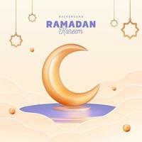 Ramadan Kareem Crescent Moon on the Podium Stage Star Ornament with Cloud Banner Background Blue Gold Color