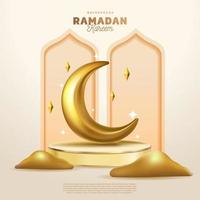 Ramadan Banner Design Template Podium Stage wtih Crescent Moon and Desert Elegant Gold Color vector