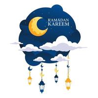 Ramadan Kareem Night Crescent Moon with Cloud Vector Illustration