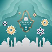 Ramadan Kareem Design Background Paper Cut Style Green Grey Color vector