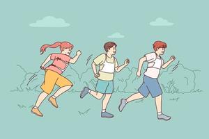 Happy children running outdoors on marathon. Smiling kids jog participate in run competition. Sport challenge concept. Vector illustration.