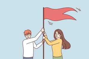 Smiling employees put flag as symbol of shared goal achievement and success. Happy man and woman reach business target or aim. Accomplishment concept. Vector illustration.